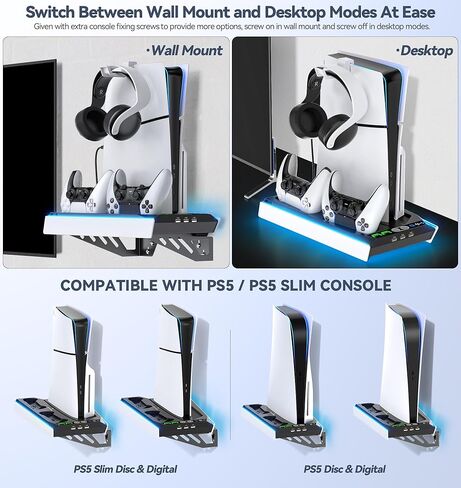مجموعة أدوات التثبيت على الحائط لجهاز PS5 مع محطة شحن و9 مصابيح RGB لجهاز PS5 Edge ووحدة التحكم المزدوجة، ومحطة تبريد PS5 مع مروحة ثلاثية المستويات، وجدار حامل PS5 لأقراص PS5/PS5 النحيفة والرقمية، وحامل ملحقات PS5 على الرف in Kuwait