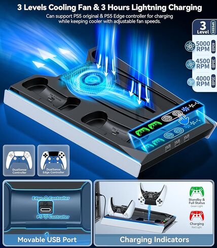 مجموعة أدوات التثبيت على الحائط لجهاز PS5 مع محطة شحن و9 مصابيح RGB لجهاز PS5 Edge ووحدة التحكم المزدوجة، ومحطة تبريد PS5 مع مروحة ثلاثية المستويات، وجدار حامل PS5 لأقراص PS5/PS5 النحيفة والرقمية، وحامل ملحقات PS5 على الرف in Kuwait