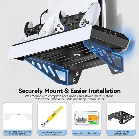مجموعة أدوات التثبيت على الحائط لجهاز PS5 مع محطة شحن و9 مصابيح RGB لجهاز PS5 Edge ووحدة التحكم المزدوجة، ومحطة تبريد PS5 مع مروحة ثلاثية المستويات، وجدار حامل PS5 لأقراص PS5/PS5 النحيفة والرقمية، وحامل ملحقات PS5 على الرف in Kuwait