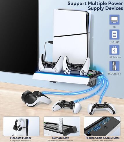مجموعة أدوات التثبيت على الحائط لجهاز PS5 مع محطة شحن و9 مصابيح RGB لجهاز PS5 Edge ووحدة التحكم المزدوجة، ومحطة تبريد PS5 مع مروحة ثلاثية المستويات، وجدار حامل PS5 لأقراص PS5/PS5 النحيفة والرقمية، وحامل ملحقات PS5 على الرف in Kuwait