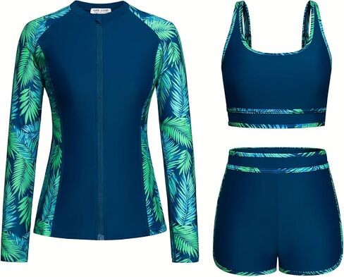 Kate Kasin Women's 3 Piece Rash Guard Long Sleeve Swimsuits Zip Up UPF 50+ Built in Bra Swim Shirts with Boyshorts Quick Dry in Kuwait