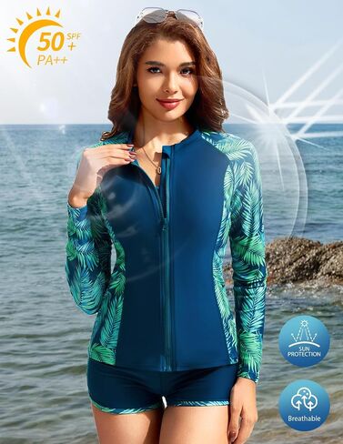 Kate Kasin Women's 3 Piece Rash Guard Long Sleeve Swimsuits Zip Up UPF 50+ Built in Bra Swim Shirts with Boyshorts Quick Dry in Kuwait