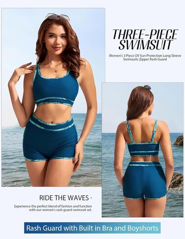 Kate Kasin Women's 3 Piece Rash Guard Long Sleeve Swimsuits Zip Up UPF 50+ Built in Bra Swim Shirts with Boyshorts Quick Dry in Kuwait