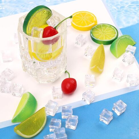 60 قطعة من نماذج الفواكه المزيفة لمحاكاة مجموعة مكعبات الثلج الشفافة، شرائح الليمون والليمون الاصطناعي كتل الكرز البلاستيكية لشريط المنزل وديكور الزفاف ودعائم الصور in Kuwait
