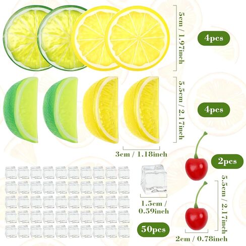 60 قطعة من نماذج الفواكه المزيفة لمحاكاة مجموعة مكعبات الثلج الشفافة، شرائح الليمون والليمون الاصطناعي كتل الكرز البلاستيكية لشريط المنزل وديكور الزفاف ودعائم الصور in Kuwait
