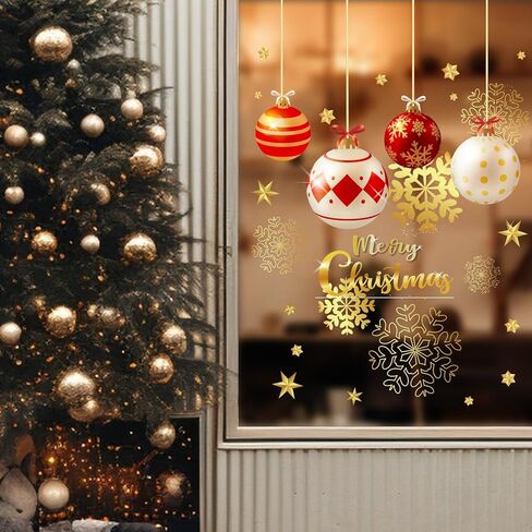 141Pcs Christmas Window Clings Red Gold Xmas Ball Window Stickers Double-Side Glass Decals for Home Party Supplies, 7.9 x 11.8 Inch, 9 Sheets in Saudi Arabia