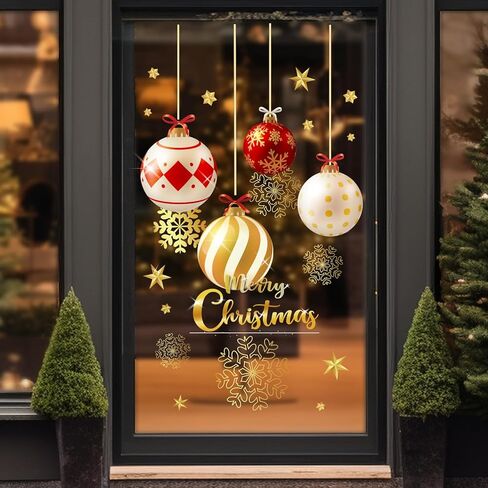 141Pcs Christmas Window Clings Red Gold Xmas Ball Window Stickers Double-Side Glass Decals for Home Party Supplies, 7.9 x 11.8 Inch, 9 Sheets in Saudi Arabia