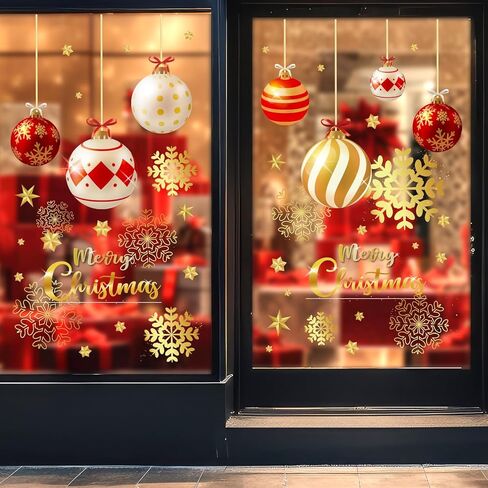 141Pcs Christmas Window Clings Red Gold Xmas Ball Window Stickers Double-Side Glass Decals for Home Party Supplies, 7.9 x 11.8 Inch, 9 Sheets in Saudi Arabia