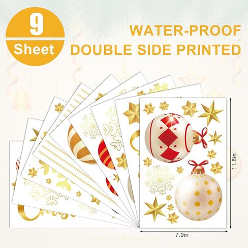 141Pcs Christmas Window Clings Red Gold Xmas Ball Window Stickers Double-Side Glass Decals for Home Party Supplies, 7.9 x 11.8 Inch, 9 Sheets in Saudi Arabia