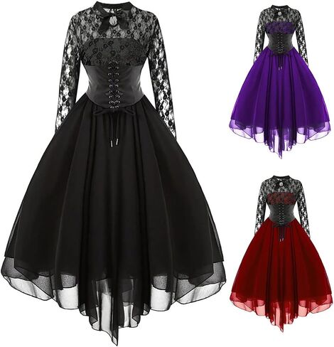 Women Steampunk Gothic Dress with Corset Halter Floral Lace Cocktail Swing Dress Handkerchief Hem Halloween Punk Hippie Dress in Saudi Arabia