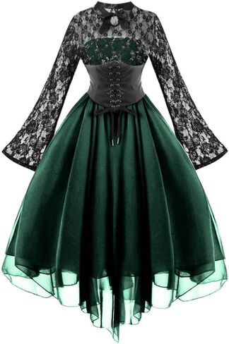 Women Steampunk Gothic Dress with Corset Halter Floral Lace Cocktail Swing Dress Handkerchief Hem Halloween Punk Hippie Dress in Saudi Arabia