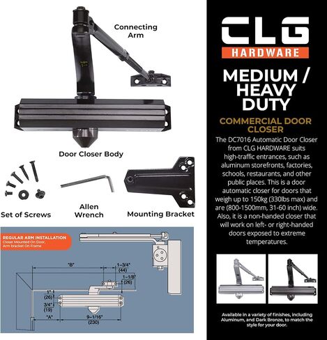 CLG HARDWARE Medium/Heavy Duty Commercial Door Closer DC7016 - Surface Mounted, Grade 1- ADA & UL 3 Hour Fire Rated, Adjustable Size 1-6 for Entrances & Aluminum Storefronts - US26D Aluminum in Kuwait