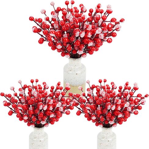 24 PCS Artificial Holly Berry Stems, 21cm Frosted Red Beery Stems Picks for Christmas Tree DIY Supplies Flower Wreath Craft Xmas Garland Home Table Centerpiece Decoration in Saudi Arabia