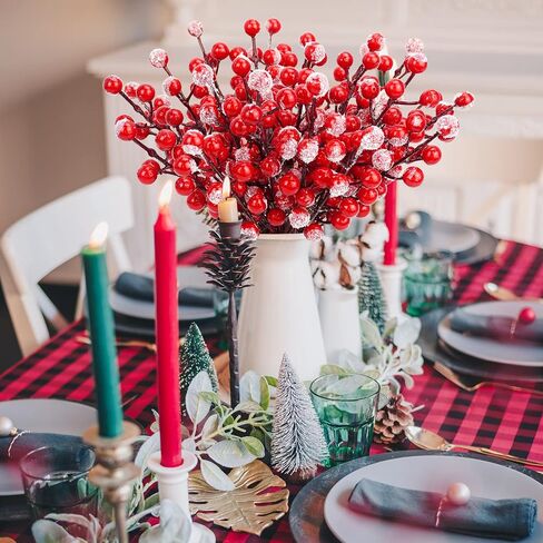 24 PCS Artificial Holly Berry Stems, 21cm Frosted Red Beery Stems Picks for Christmas Tree DIY Supplies Flower Wreath Craft Xmas Garland Home Table Centerpiece Decoration in Saudi Arabia