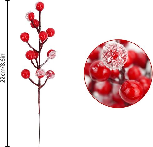 24 PCS Artificial Holly Berry Stems, 21cm Frosted Red Beery Stems Picks for Christmas Tree DIY Supplies Flower Wreath Craft Xmas Garland Home Table Centerpiece Decoration in Saudi Arabia