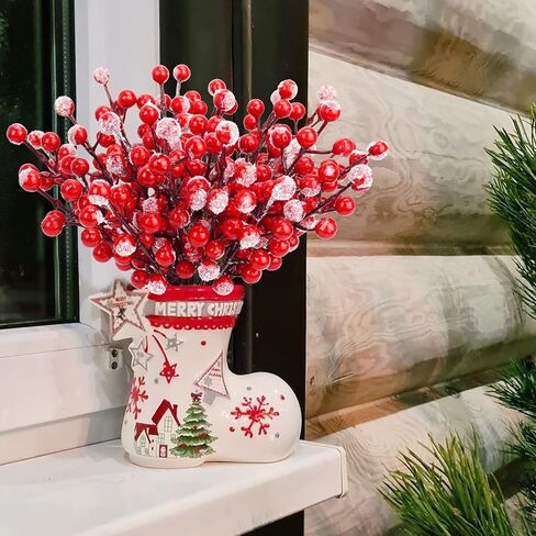 24 PCS Artificial Holly Berry Stems, 21cm Frosted Red Beery Stems Picks for Christmas Tree DIY Supplies Flower Wreath Craft Xmas Garland Home Table Centerpiece Decoration in Saudi Arabia