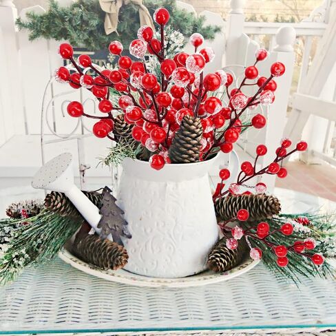 24 PCS Artificial Holly Berry Stems, 21cm Frosted Red Beery Stems Picks for Christmas Tree DIY Supplies Flower Wreath Craft Xmas Garland Home Table Centerpiece Decoration in Saudi Arabia