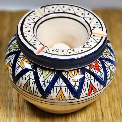 TK B&D Moroccan Ashtray with Geometric and Berber Design, Black Made and Hand-Painted with Anti-Odour Lid in Saudi Arabia