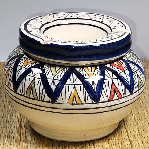 TK B&D Moroccan Ashtray with Geometric and Berber Design, Black Made and Hand-Painted with Anti-Odour Lid in Saudi Arabia