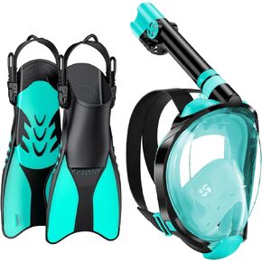 W WSTOO Mask Fins Snorkel Set,Snorkeling Gear for Adults,Full Face Snorkel Mask & Adjustable Swim Fins,Dry Top System Anti-Fog Anti-Leak