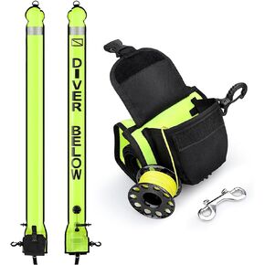 Surface Marker Buoy and Dive Reel Set, 5ft High Visibility Open Bottom Delayed SMB with Reel Storage Bag + 100ft Diving Spool Reel and Clip