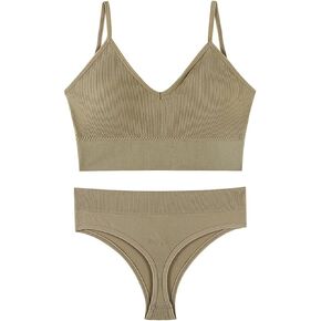 Womens Rib Bikini Set Solid Stretch Bralette Crop Cami Top Thong Bottom Athletic Swimsuit Swimwear Underwear Set