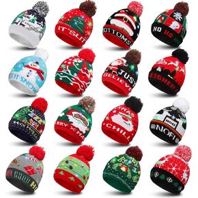 Panitay 16 Pcs Christmas LED Light up Beanie Hat Christmas Knitted Beanie Hat LED Colorful Xmas Knit Cap for Kids Adults