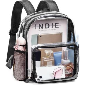Vorspack Clear Mini Backpack - Stadium Approved 12x12x6 Small, Stadium Backpack for Women with 2 Water Holders Heavy Duty for Concert Work Sport Games Festival Venues - Black