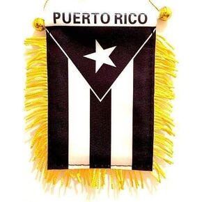 Puerto Rico Black & White Window Hanging Flag - Rear view Mirror & Double Sided - Fringed Puerto Rican Mini Banner with Suction Cup