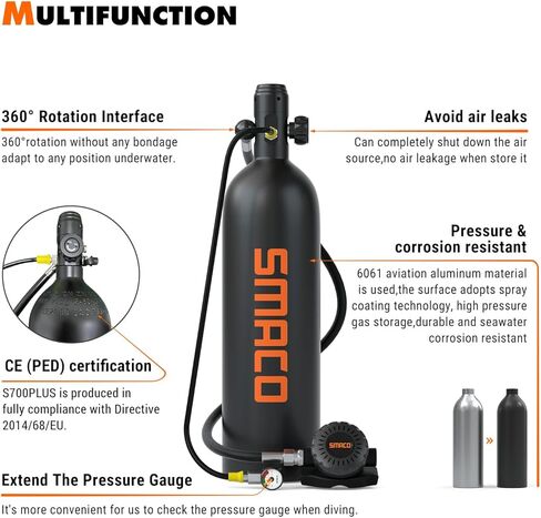 SMACO S700 Mini Scuba Tank 1.9L Portable Mini Scuba Diving Tank قابل لإعادة الاستخدام زجاجة المهر مع 25-30 دقيقة احتياطية للغوص طقم خزان هواء للغوص أسطوانة الأكسجين لإنقاذ الاستكشاف تحت الماء in Kuwait