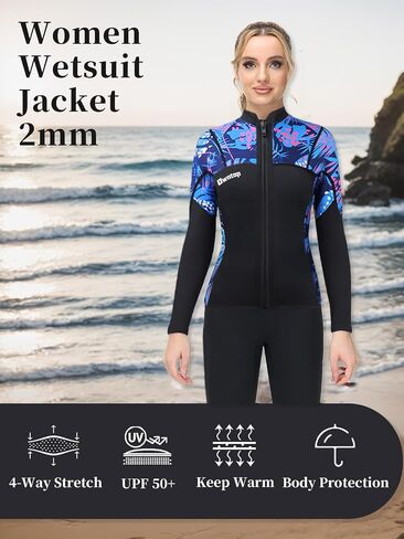 Owntop Wetsuit Tops | Women & Men | 2MM Neoprene Long Sleeve | Flexible & Comfort | YKK Front Zip | Surfing Diving Swimming - All Watersports in Saudi Arabia