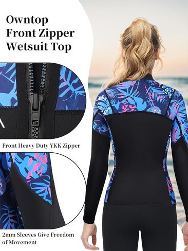 Owntop Wetsuit Tops | Women & Men | 2MM Neoprene Long Sleeve | Flexible & Comfort | YKK Front Zip | Surfing Diving Swimming - All Watersports in Saudi Arabia
