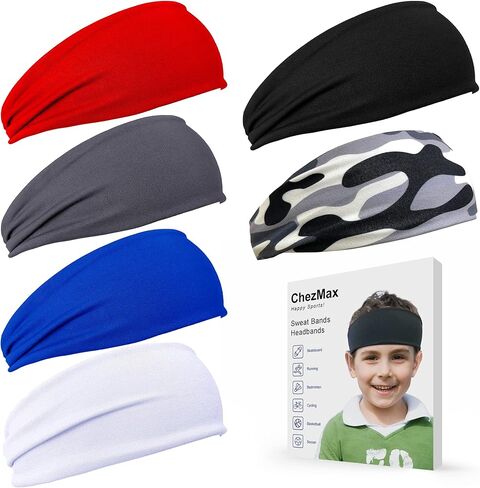 ChezMax 6 PCS Sweatbands for Kids, Soccer Headbands Boys Sports Kids Sweatbands, Breathable Sweat Wicking Headband, Baseball Youth, Black, White, Gray, Blue, Red And Camouflage,(FD01-Kids) in Saudi Arabia