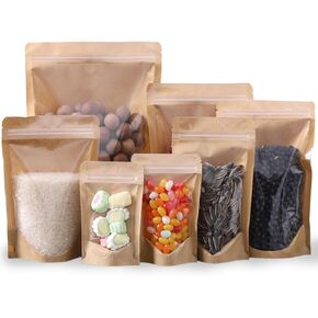 100 Pack Kraft Resealable Bags with Clear Front Stand Up Brown Kraft Bags with Window Transparent Bulk Pouches Ziplock Paper Bags 4.7"x7.8"