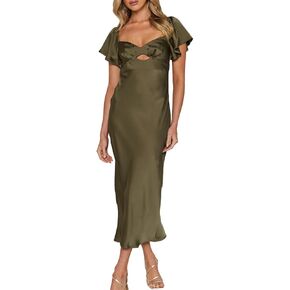 Summer Satin Flutter Sleeve Wedding Guest Dresses for Women Sweetheart Neckline Cutout Tie Back Midi Cocktail Dress