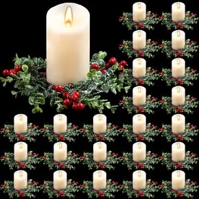 Lyrow 24 Pcs Christmas Candle Rings Artificial Candle Wreaths Garland Simulation Red Berries Xmas Mini Candle Holder for Pillars Rustic Wedding Centerpiece Table Closet Decorations