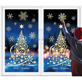 Whaline 4 Sheets Large Christmas Window Cling Sticker Golden Xmas Tree Winter Snowflake Reusable Window Decals for Home Shop Window Door Decor, 38Pcs