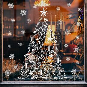 Whaline 2 Sheets Large Christmas Window Cling Sticker White Xmas Tree Winter Snowflake Reusable Window Decals for Home Shop Window Door Decor, 28Pcs