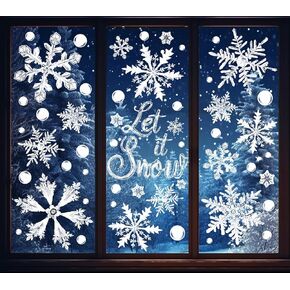 Christmas Window Clings Extra Large White Crystal Snowflake Window Stickers Double-Side Let It Snow Glass Decals for Winter Xmas Home Party, 8 Sheets