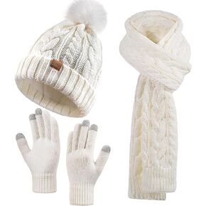 Winter Beanie Hat Scarf Gloves Set for Women, Pom Pom Fleece Lined Hat Long Knit Scarf Neck Warmer Touchscreen Gloves