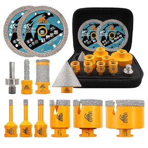 Diamond Core Drill Bits 6/8/10/25/35/50/65mm with Hex Adapter and 4.5" 2pcs Diamond Tile Blade and 2" Diamond Chamfer Bit for Ceramic Tile Porcelain Tile Marble Granite