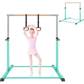 Gymnastics Bar with Rings for Kids, Adjustable Height Junior Training Bar for Home, Gymnastic Horizontal Bars Training Monkey Bars Equipment for Kids Ages 3-15