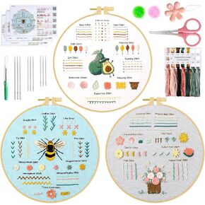 UXORSN 3 Sets Embroidery Kit for Beginners Adults Learn 28 Different Stitches Cross Stitch Starter Kits Including Fabric with Stamped Flower Pattern Threads Needles Hoop and Video Tutorials