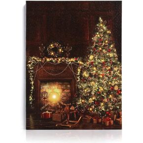NIKKY HOME 16" x 12" Christmas LED Lighted Canvas Wall Art Prints Light Up Tree and Snow House Picture Winter Scene for Holiday Decor