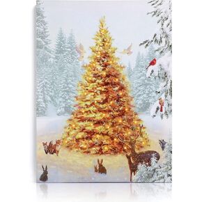 NIKKY HOME 16" x 12" Christmas LED Lighted Canvas Wall Art Prints Light Up Tree and Snow House Picture Winter Scene for Holiday Decor