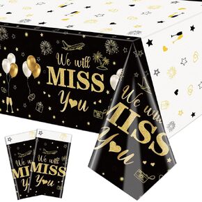 4 Pack We Will Miss You Tablecloths, 51x87'' Retirement Themed Table Covers Disposable Plastic Going Away Party Table Cloths for Farewell Party Decorations Retirement Party Decor, Black Gold