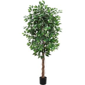 6FT Artificial Ficus Tree with Natural Wood Trunk, Fake Ficus Silk Tree in Plastic Nursery Pot, Faux Plant for Indoor Outdoor House Living Room Office Garden Decor