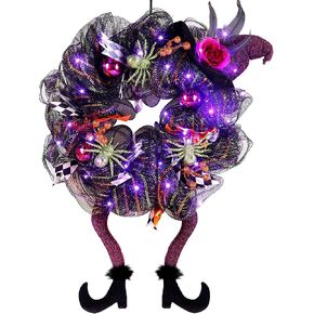 Lulu Home Halloween Wreath, 30 LED Purple Lighted Front Door Wreath with Witch Hat Leg Mesh Decor, Battery Operated Halloween Wired Ribbon Wreath Artificial Door Wreath Hanging Ornament, NOT PRELIT