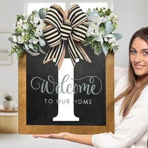 Last Name Welcome Sign for Front Door, Wreaths for Front Door, 26 Letter Front Porch Decor Wreaths, Welcome Sign with Eucalyptus Garland and Bow, Wooden Farmhouse Wall Decor, Housewarming Gifts (G)