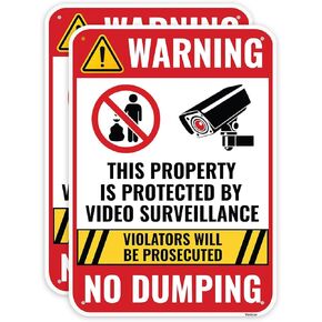 2PC No Dumping Sign, 14 x 10 Inches - Aluminum - No Illegal Dumping Private Property Video Surveillance Sign
